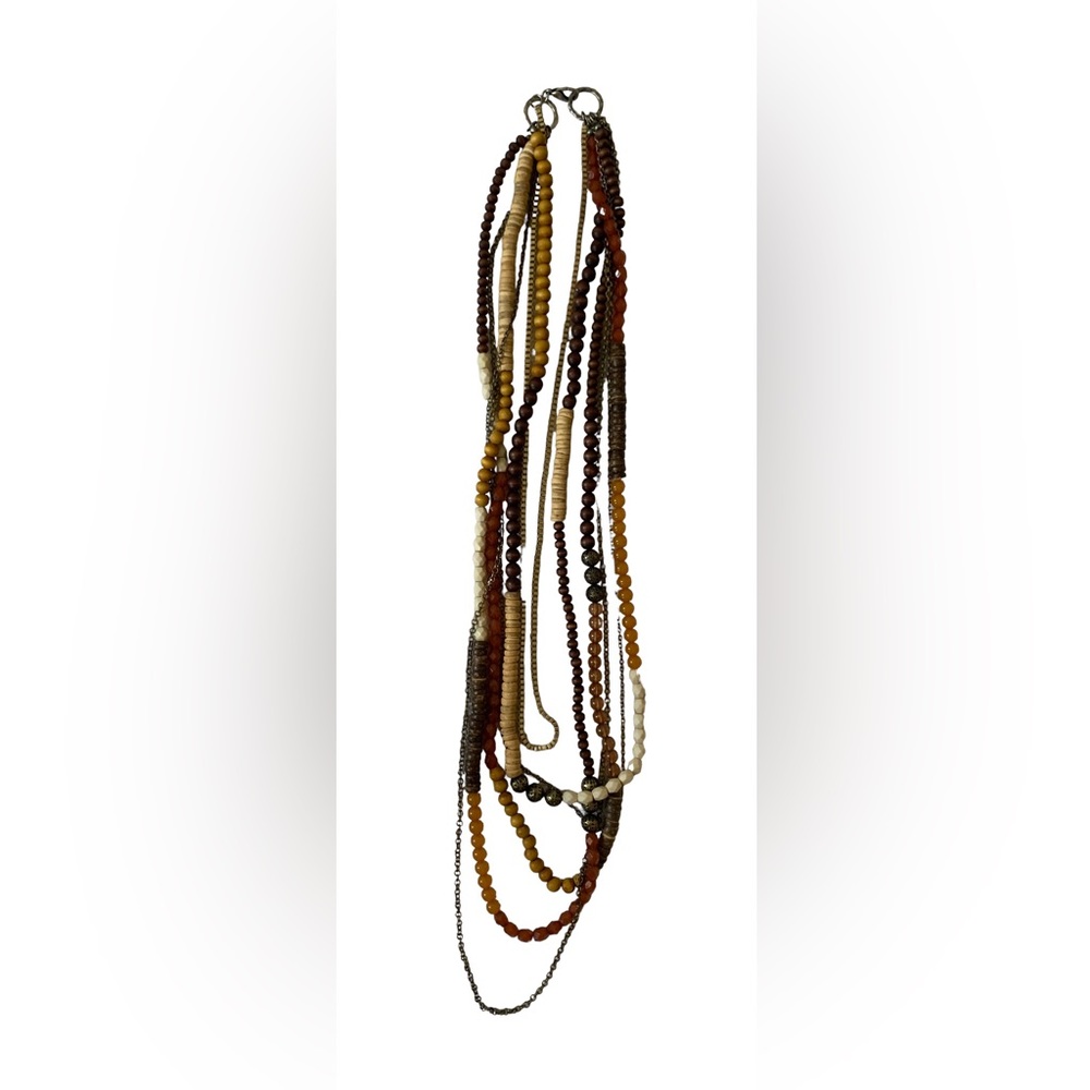 Brown wooden beads and gold chain necklace